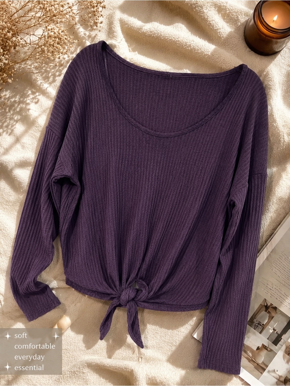 Express Women's Purple Tie-Front Long Sleeve waffle knit top